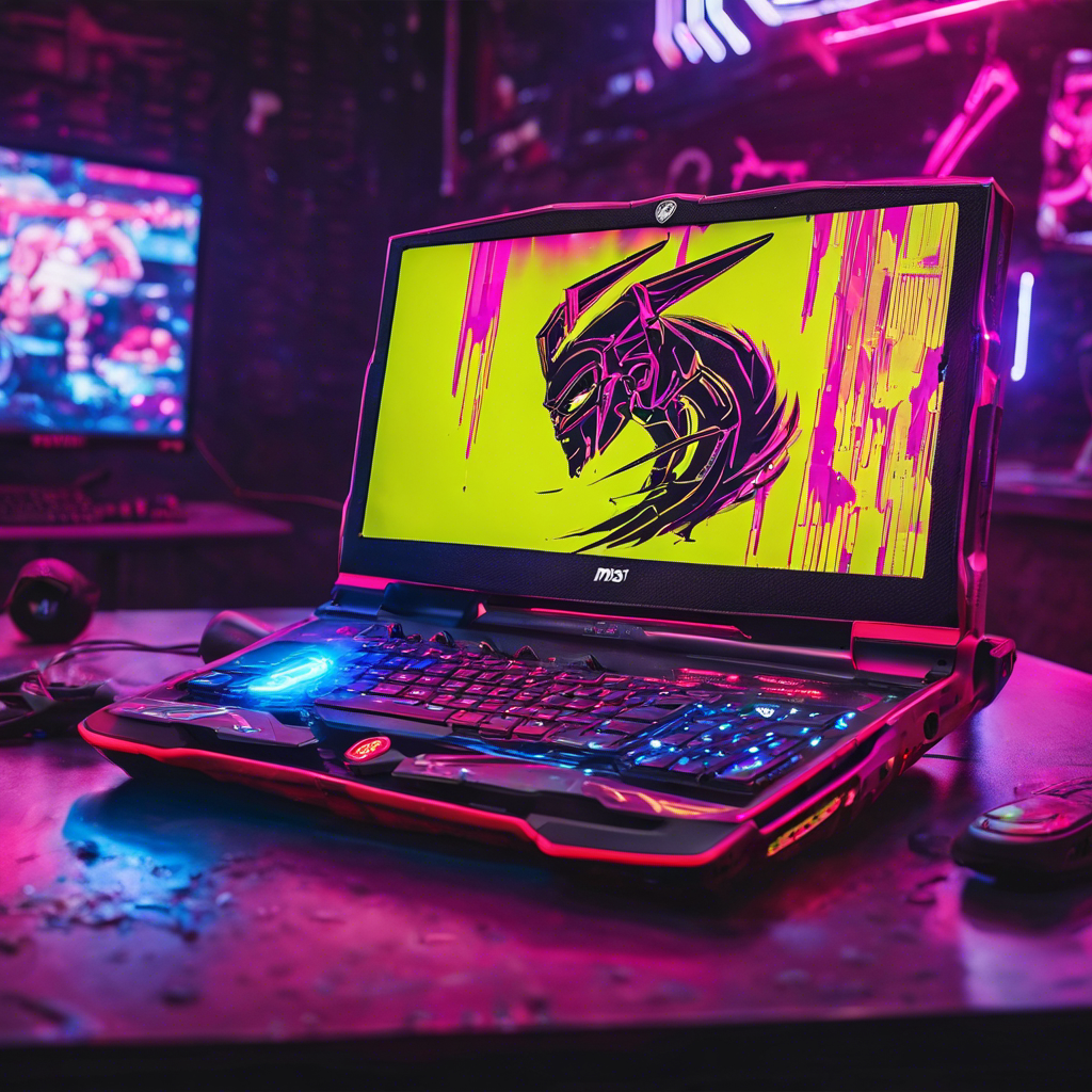 An image of the MSI Claw gaming handheld on a neon cyberpunk background