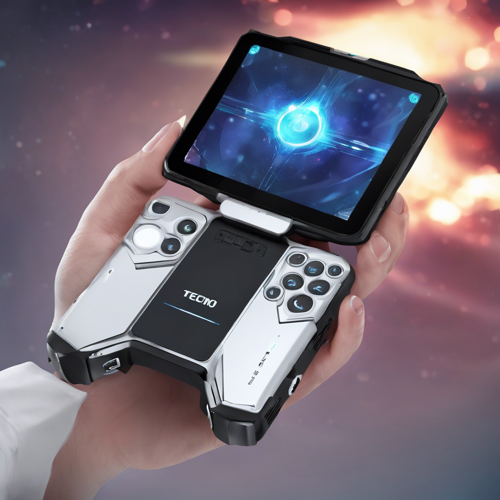 A futuristic image of the Tecno Pocket Go handheld gaming PC