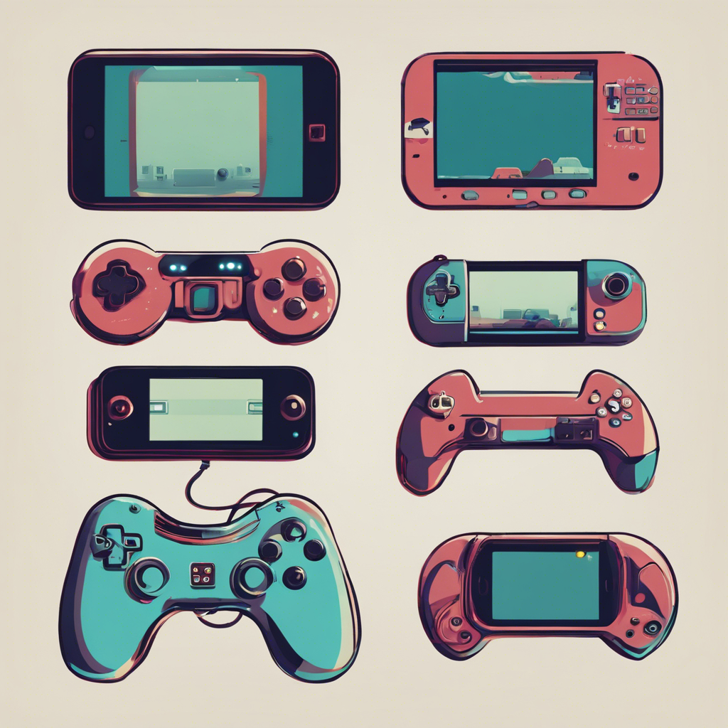 A futuristic depiction of handheld gaming devices in various settings