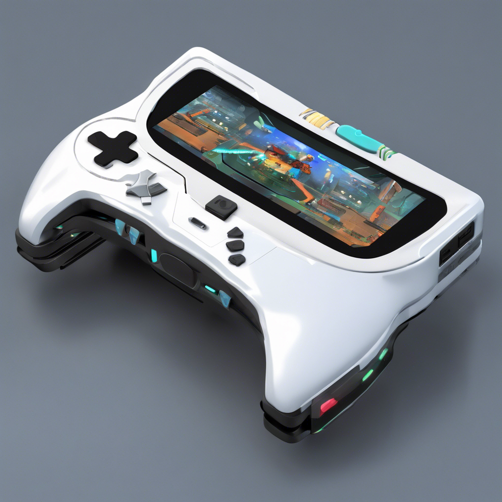 A futuristic handheld gaming device with various control options