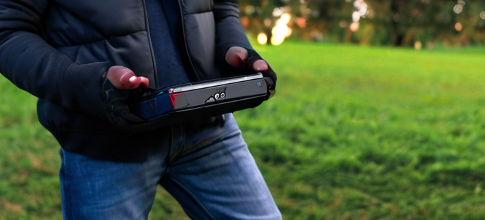 A gamer enjoying a portable console outdoors