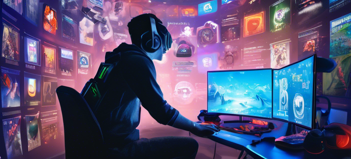 A gamer exploring a virtual world on their PC, surrounded by icons of various game genres