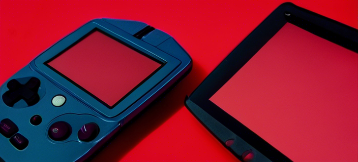 Two handheld gaming devices lying on a red surface