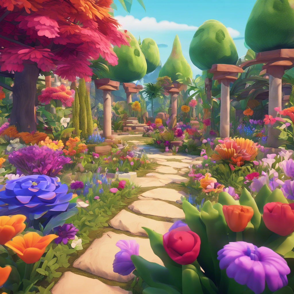 A digital garden with vibrant flowers and plants suitable for a game setting