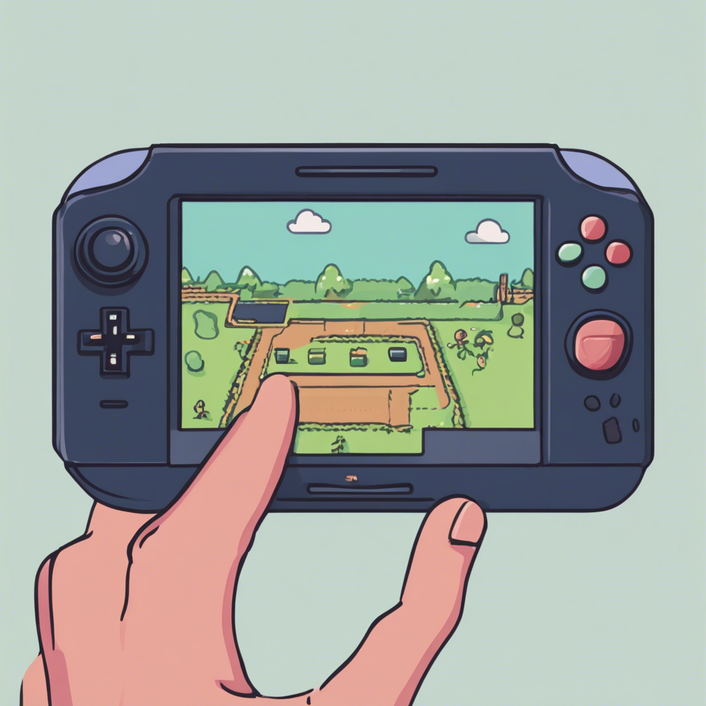 An illustration of a handheld gaming console with a game on the screen