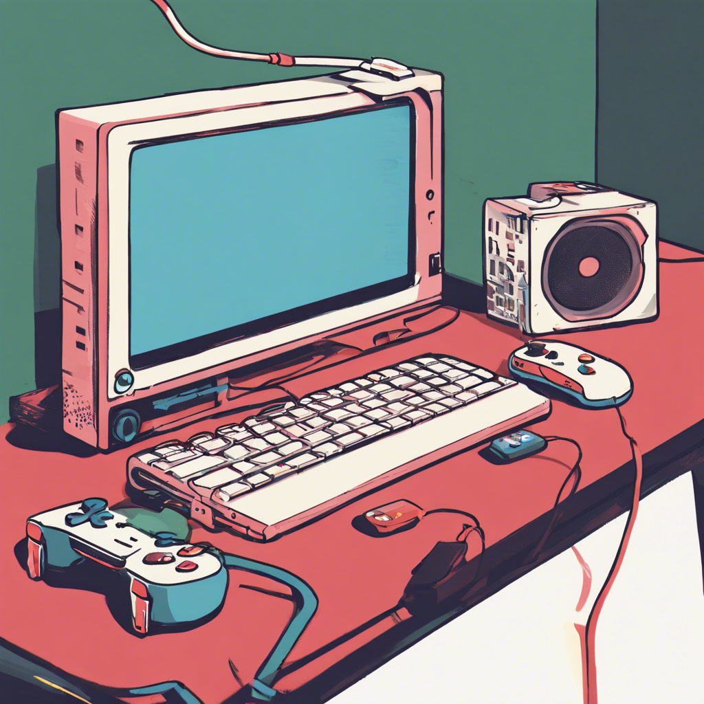 An illustration of a gaming setup with a handheld device and a PC