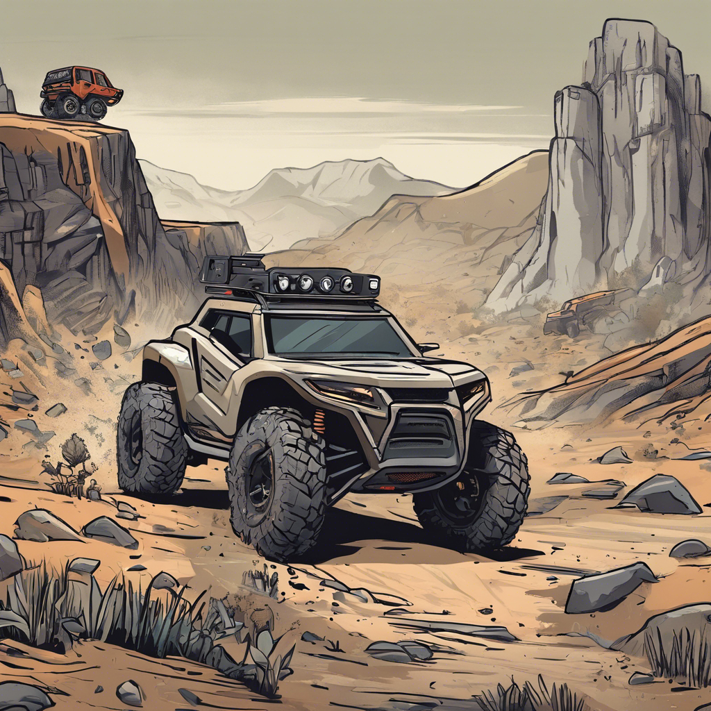 An illustration of a gaming console and a rugged off-road terrain