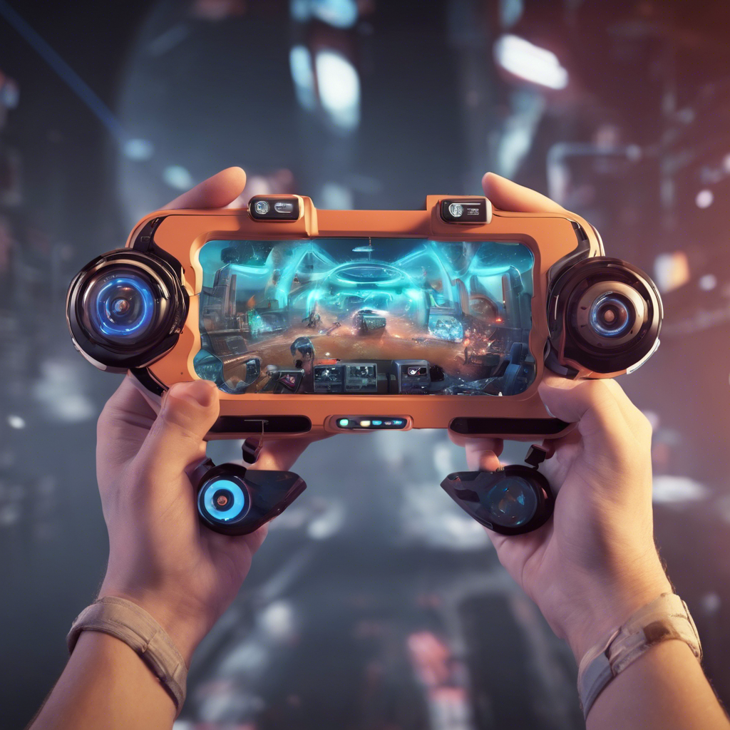 A futuristic handheld gaming device with AR glasses